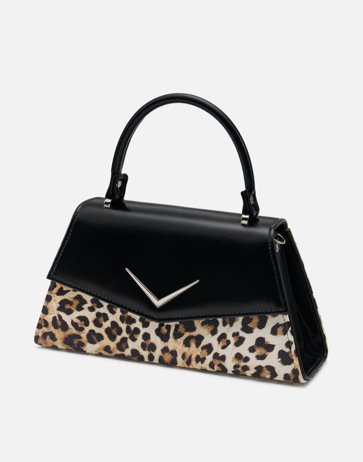 Liquorbrand black and leopard print chevron handbag with structured vintage bowling bag shape top handle rockabilly style purse
