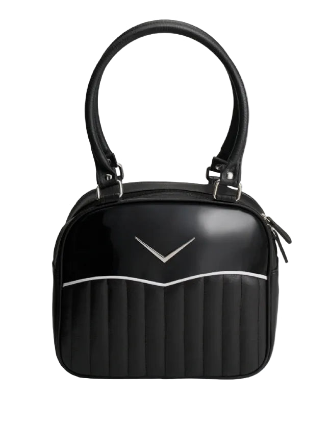Liquorbrand Vega Black bowler bag retro rockabilly handbag with quilted upholstery-style panel
