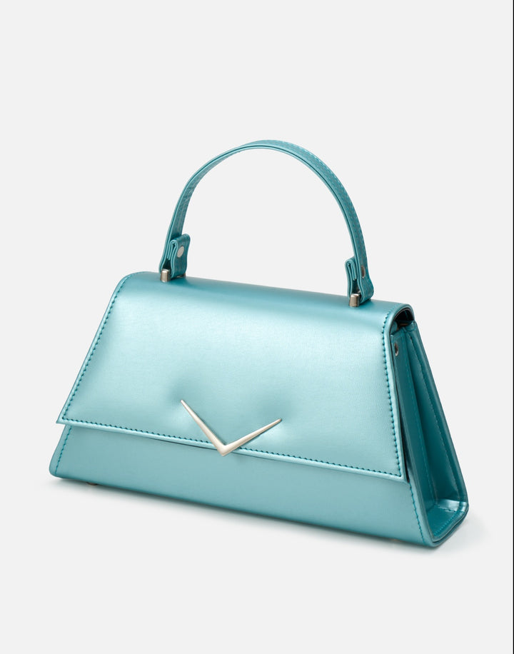 Liquorbrand ice blue rumbler handbag with structured vintage bowling bag shape top handle rockabilly style purse