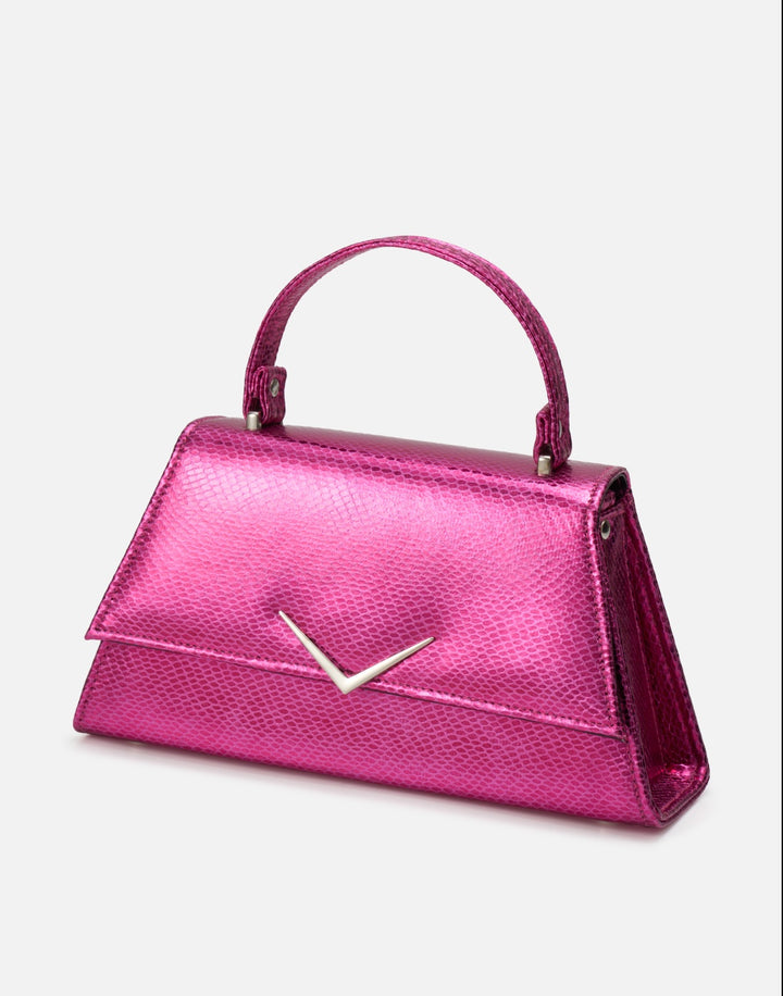 Liquorbrand pink snake print rumbler handbag with structured vintage bowling bag shape top handle rockabilly style purse