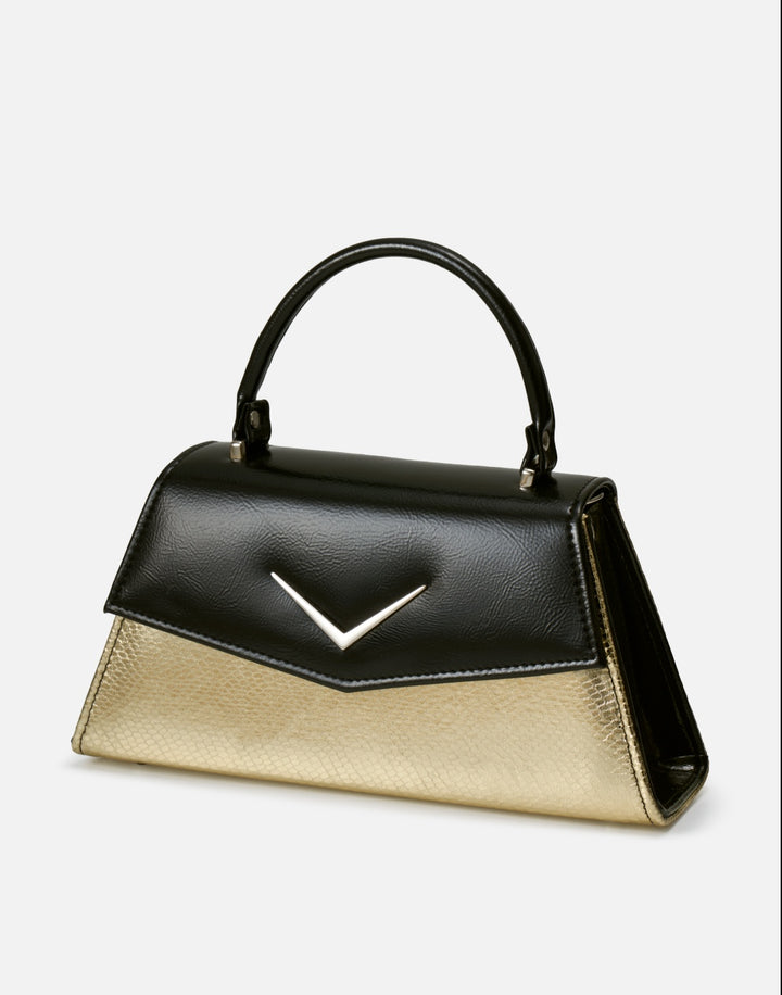 Liquorbrand Chevron Handbag – Black & Gold Snake Rockabilly Bowling Bag