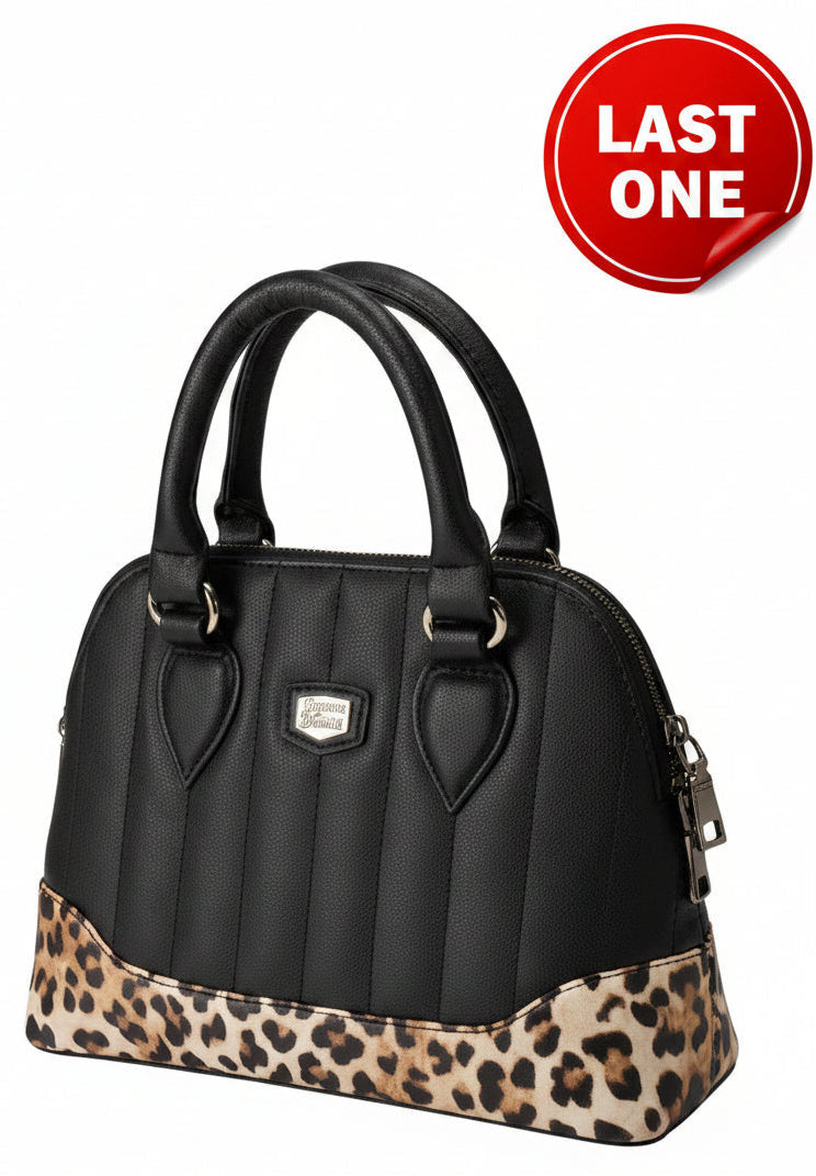 Black handbag with leopard print bottom section on a white background