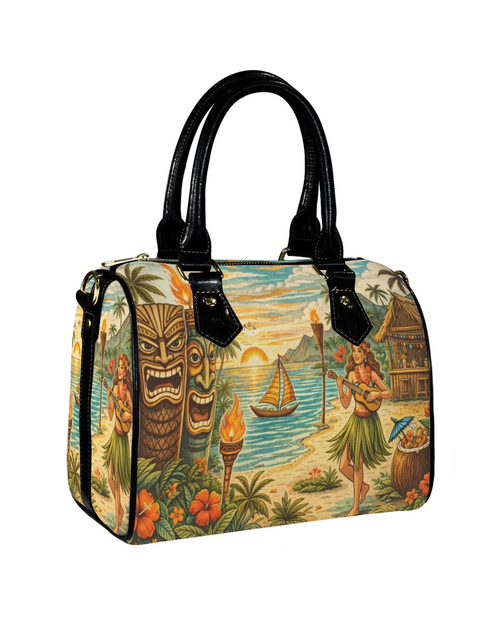Handbag with tropical design featuring a tiki mask, hula dancer, and sailboat on a white background.