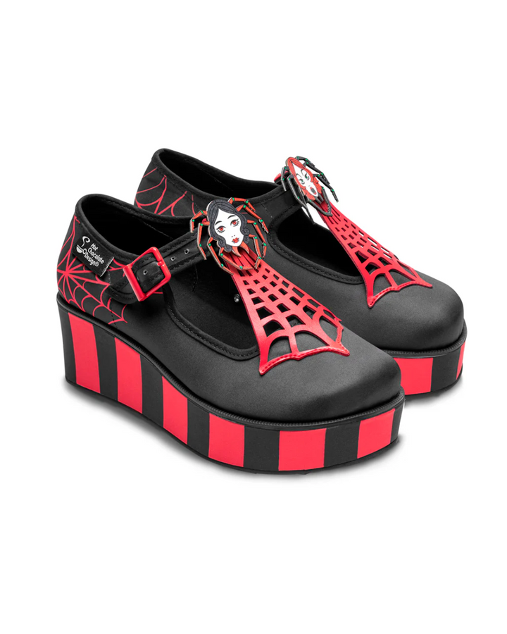 Hot Chocolate Design Spidora Platform shoes with spider clip, bold red and black Platform Mary Jane shoes.