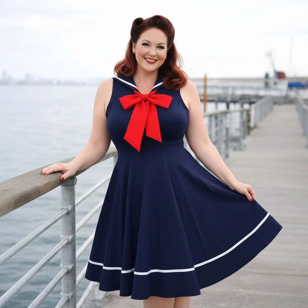 Model wearing a navy blue sailor style dress with red bow in a classic vintage pin-up look
