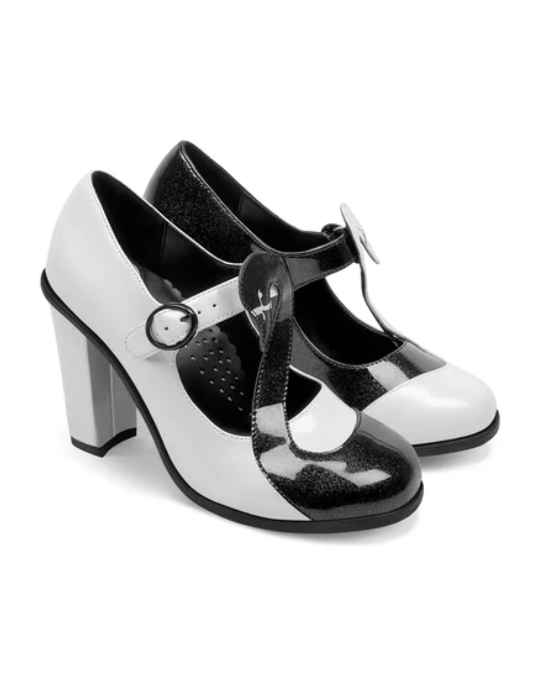 Hot Chocolate Design Black Swan High Heels in black and white, featuring patent leather and a retro mary jane style.