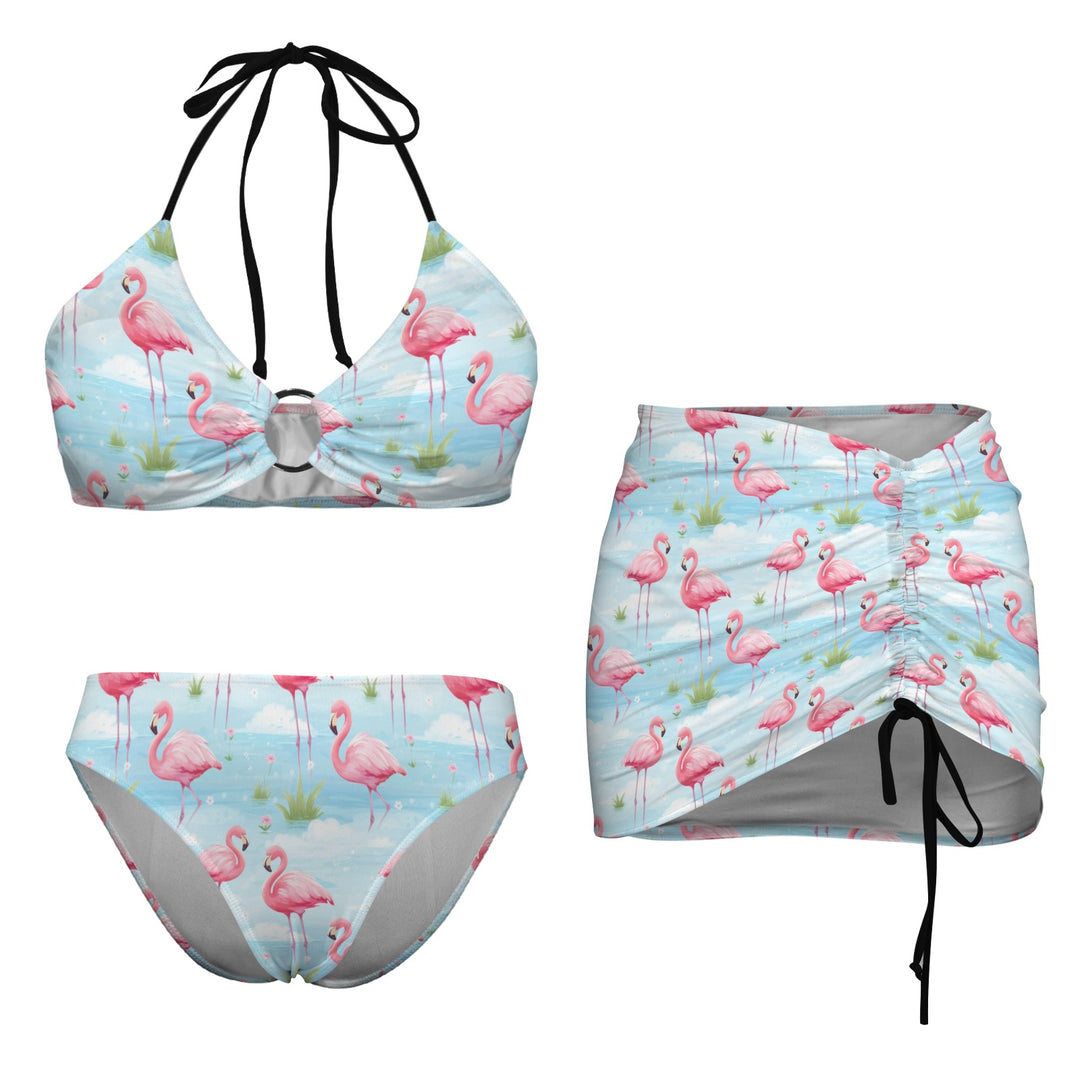 Flamingo Dreams Retro Bikini Set with Skirt