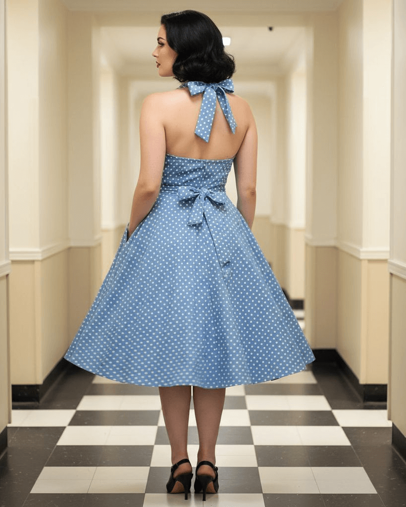 Woman in a blue polka dot dress standing in a hallway with checkered floor.