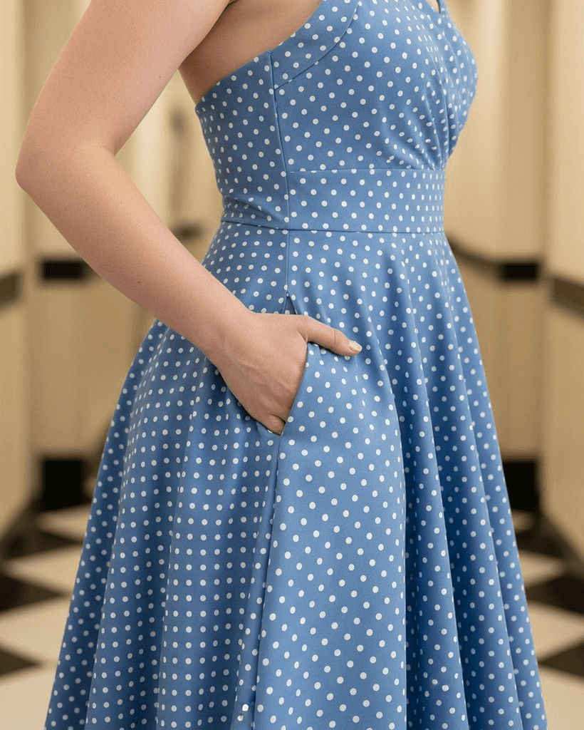 Woman wearing a blue polka dot dress in a bathroom setting