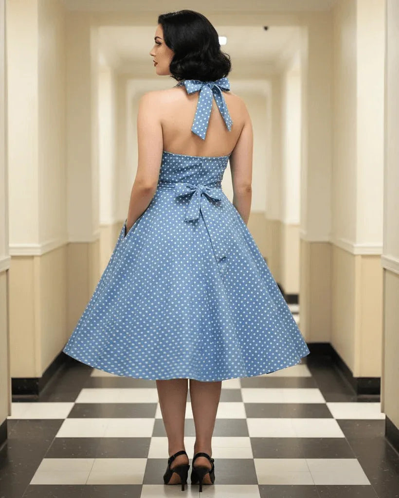 1950s Polka Dot Halter Dress Blue Vintage - Poison Arrow Retro 1950s Polka Dot Halter Dress Blue Vintage - Poison Arrow Retro