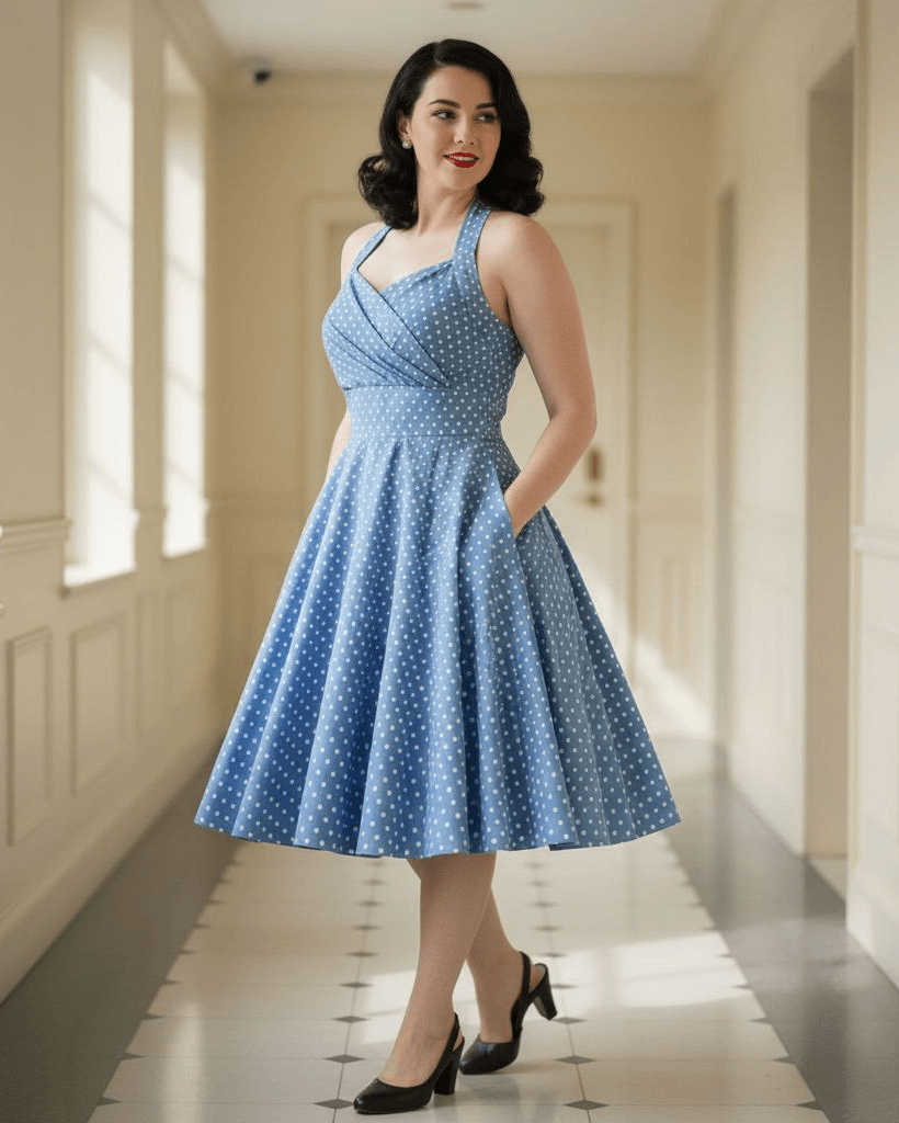 Woman in a blue polka dot dress standing in a sunlit hallway.