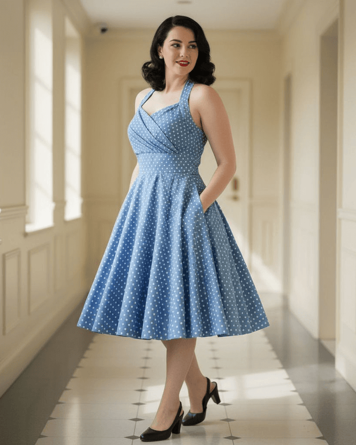Woman in a blue polka dot dress standing in a sunlit hallway.