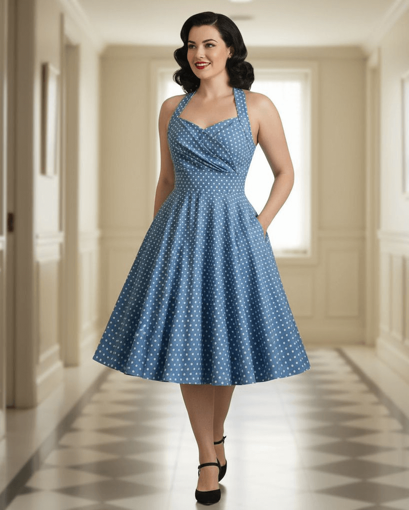 Poison Arrow Retro blue polka dot halter dress with sweetheart neckline, fitted bodice and full 1950s style swing skirt
