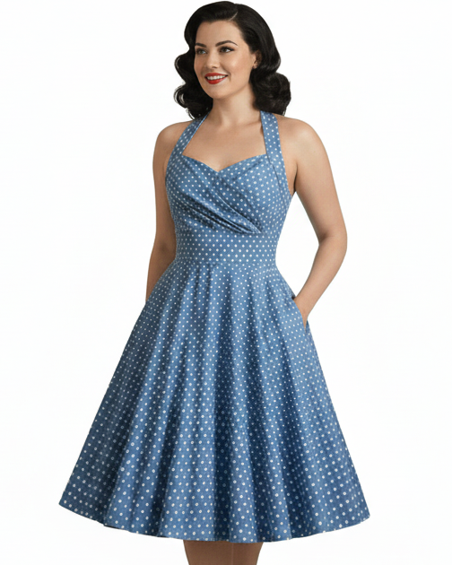 Blue vintage-style women’s halter dress with white polka dots and full swing skirt
