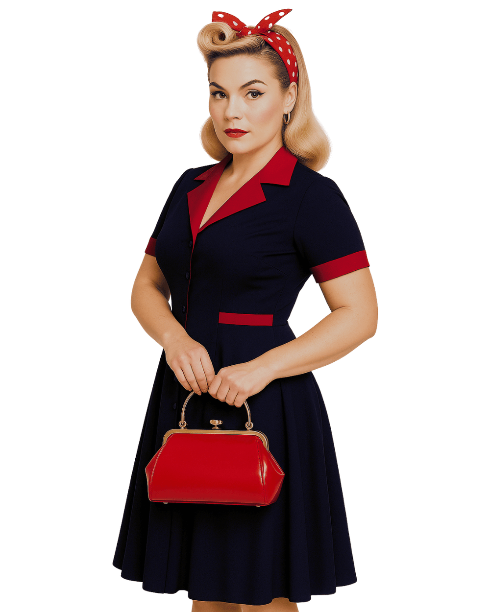 Model wearing a 1950s Diner Dress with red collar and cuffs, holding a vintage red handbag, channeling retro style.