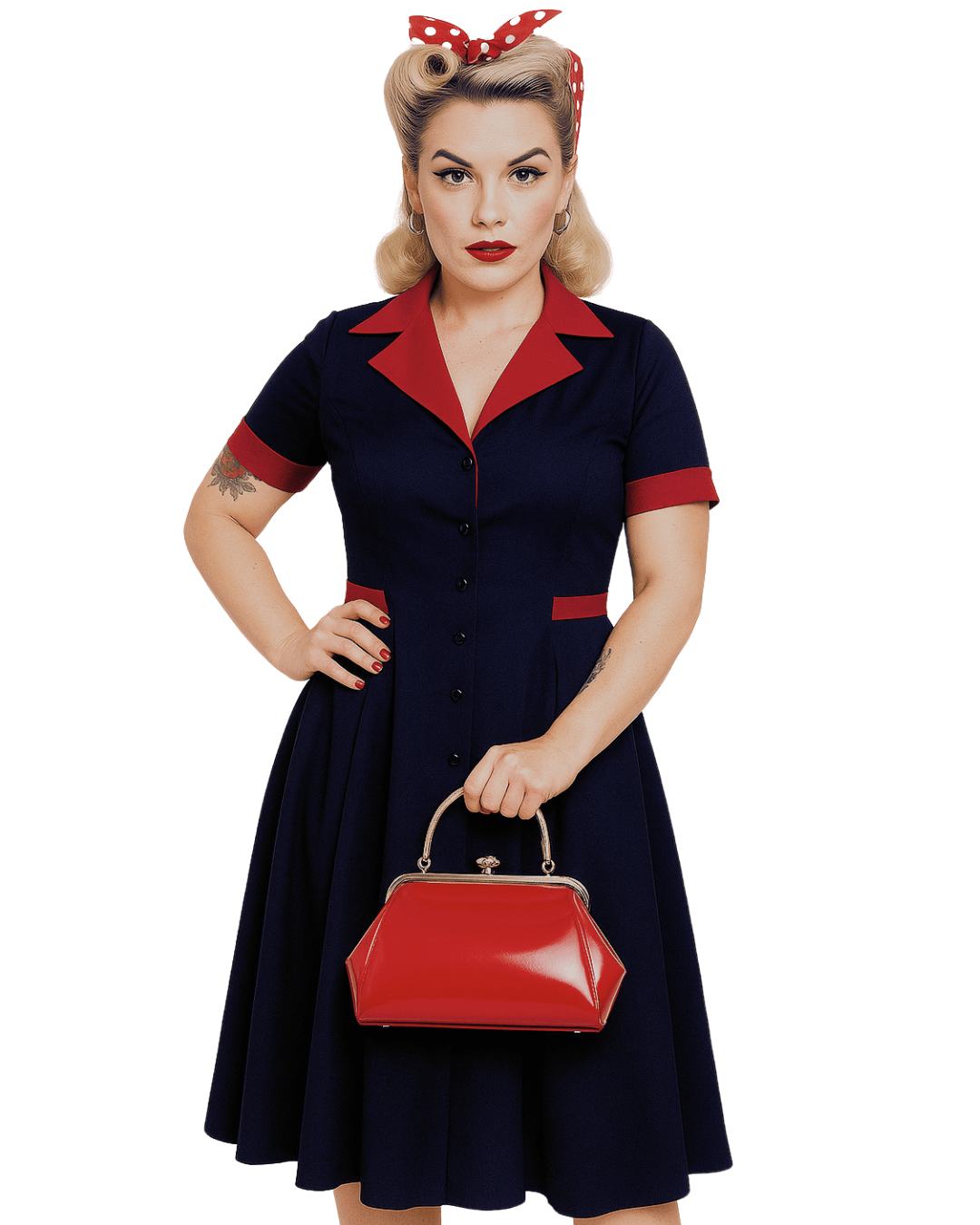 1950s diner dress featuring bold red collar, A-line silhouette, and retro rockabilly style.