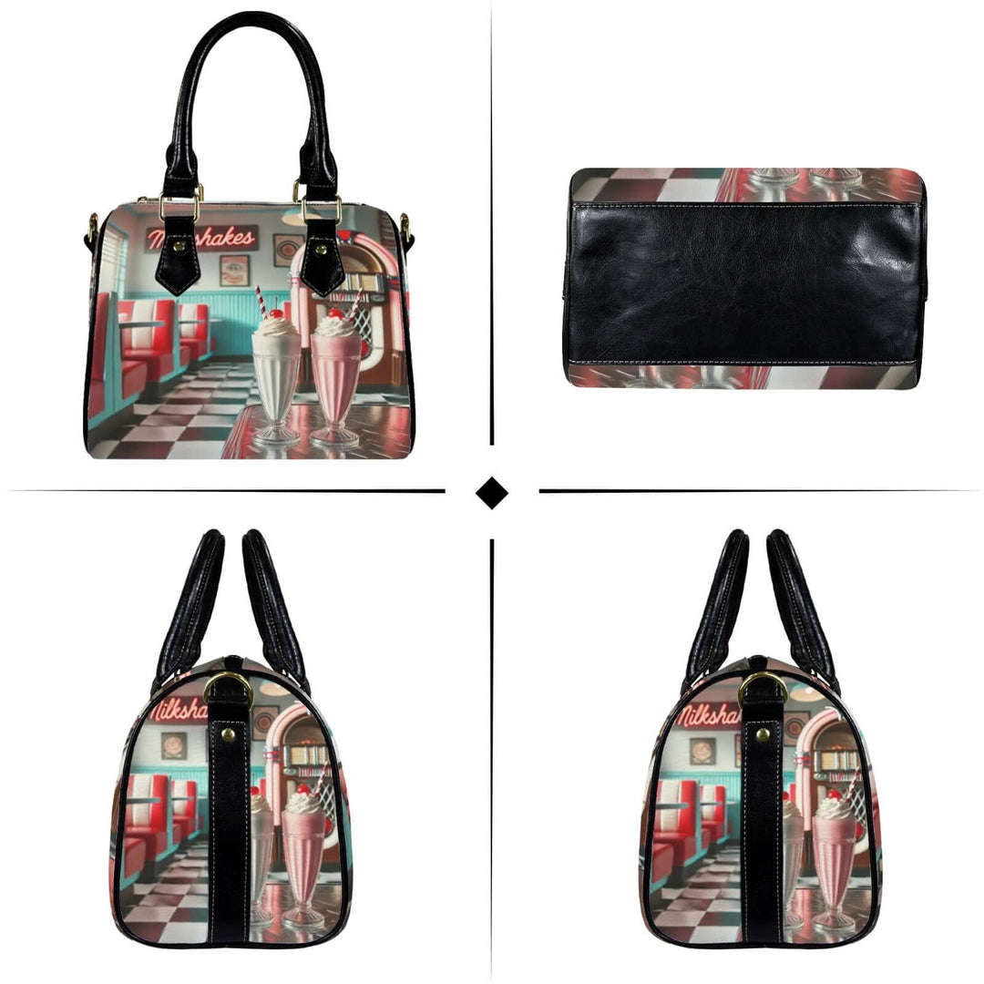 Milkshake Handbag featuring retro milkshake design with diner motifs and colorful jukebox, perfect for vintage style lovers.