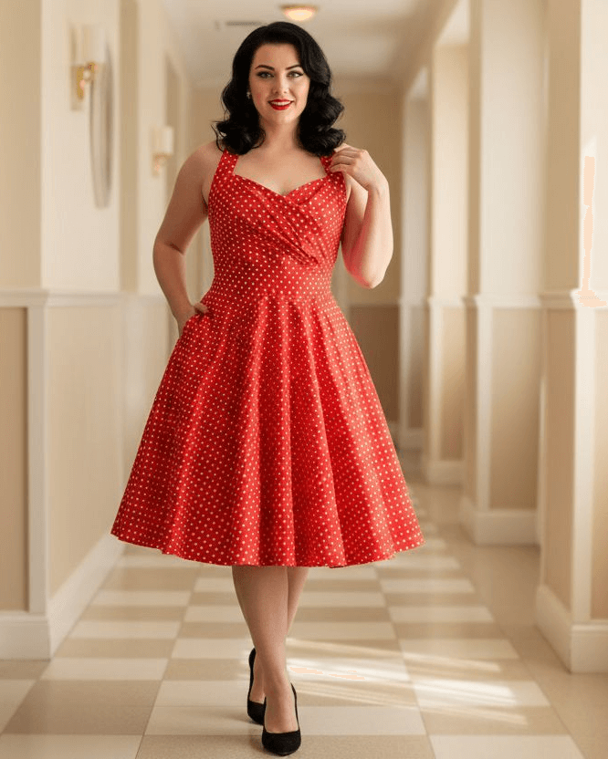 1950s Polka Dot Halter Swing Dress Red – Pin-Up Rockabilly Style modeled in a stylish interior with elegant A-line silhouette.