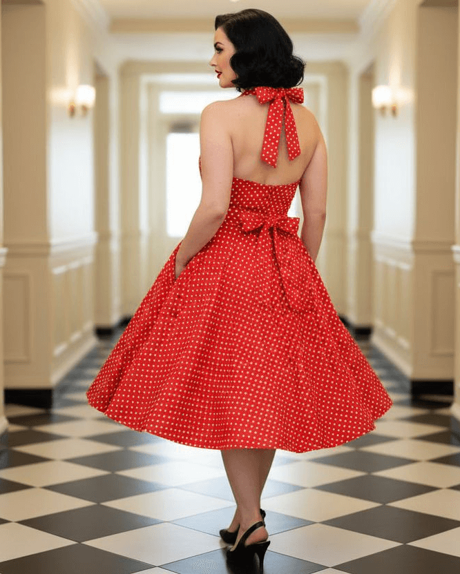 1950s Polka Dot Halter Swing Dress Red – Pin-Up Rockabilly Style worn by a model showcasing the back view in a stylish interior.