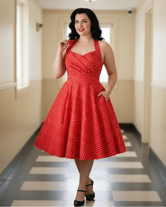 Halter Neck Dress Red Fifties Style Dress Red Marilyn Halter Dress: 1950s Retro Style Costume Halter Neck Dress Red Fifties Style Dress Red Marilyn Halter Dress: 1950s Retro Style Costume
