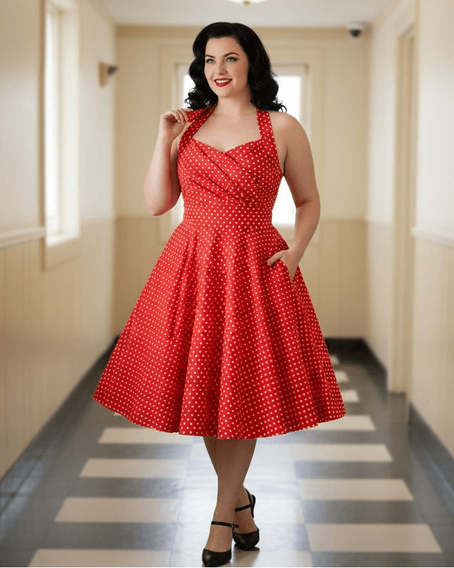 1950s Polka Dot Halter Swing Dress Red – Pin-Up Rockabilly Style worn by a model in a hallway.