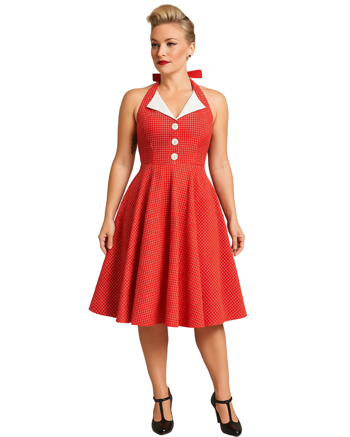 Vintage Red Halter Swing Dress with Pockets