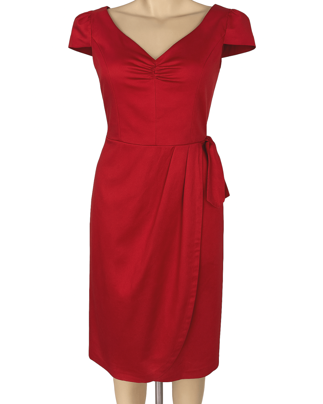 Maisie Red Pencil Dress featuring a V-neck, bow-tied cap sleeves, and waist sash detail.