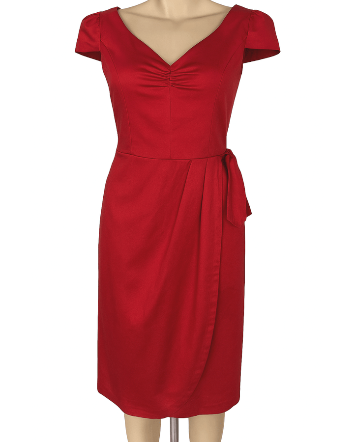 Maisie Red Pencil Dress featuring a V-neck, bow-tied cap sleeves, and waist sash detail.