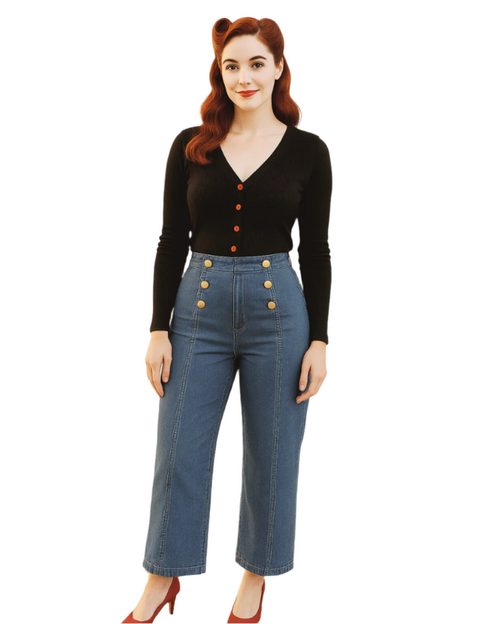 Vintage Wide-Leg Jeans – High Waist, Elastic Back, Button-Up Front