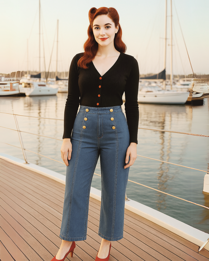 Vintage Wide-Leg Jeans – High Waist, Elastic Back, Button-Up Front