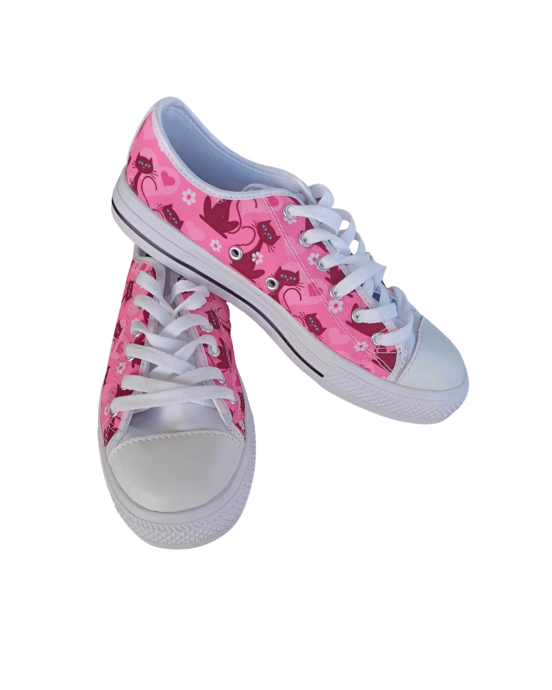 LOVECATS white retro style sneakers with pink cat print, featuring lace-up closure and padded canvas uppers.