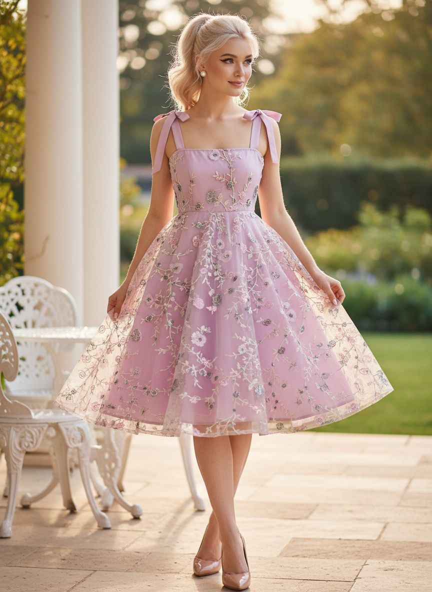 Woman in a pink floral dress standing outdoors with greenery in the background
