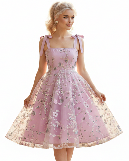 Dusty pink vintage-style women’s fit and flare dress with floral embroidered tulle overlay and bow shoulder straps
