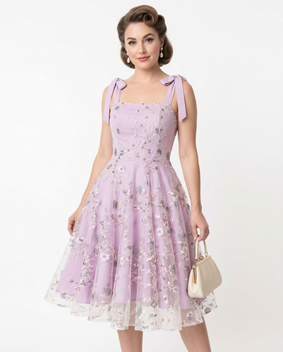 Woman wearing a lavender floral dress with a white background