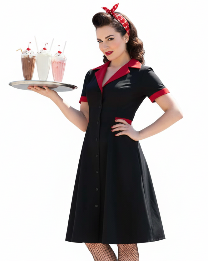 1950s diner dress in black with red trim worn by a model holding milkshakes on a tray