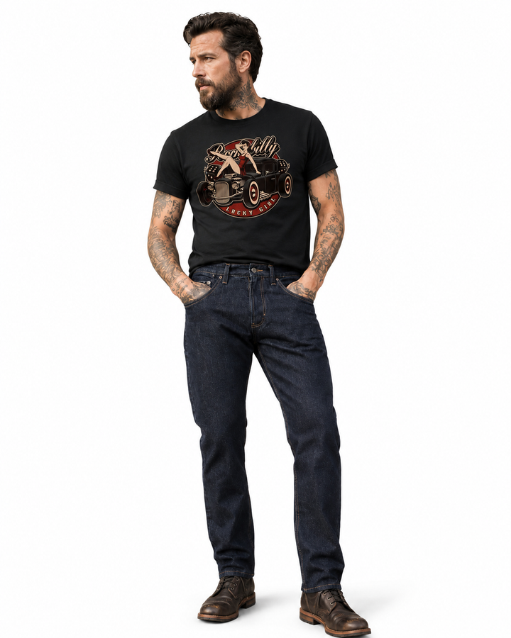 Liquorbrand Rumbler Denim men's indigo jeans styled on rugged rockabilly man with black Lucky Girl T-shirt and boots