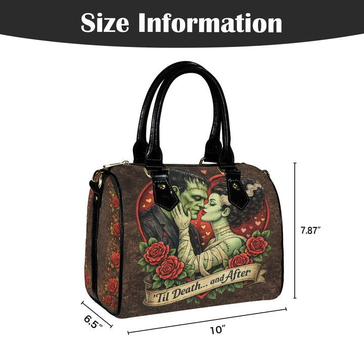 Handbag with a design of Frankenstein and his bride  and roses, gothic horror style.
