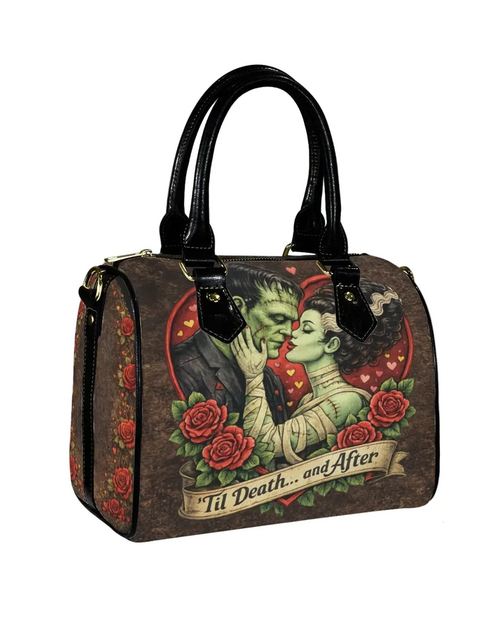 Gothic Valentine handbag featuring Frankenstein and Bride surrounded by red roses and hearts