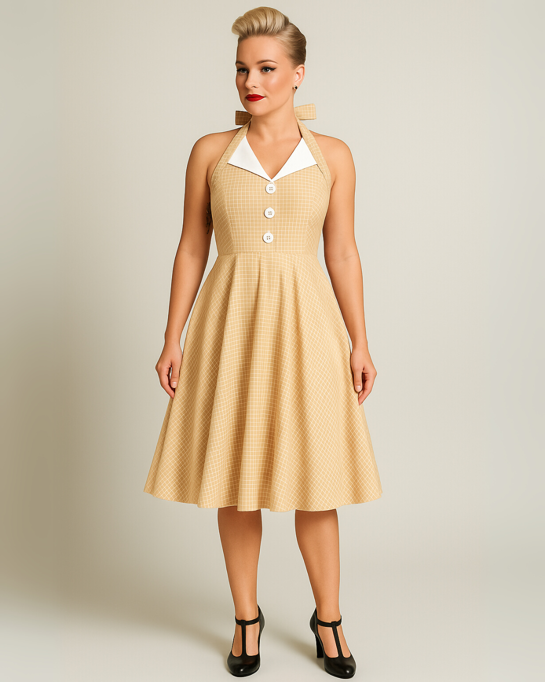 Vintage Beige Halter Swing Dress with Pockets
