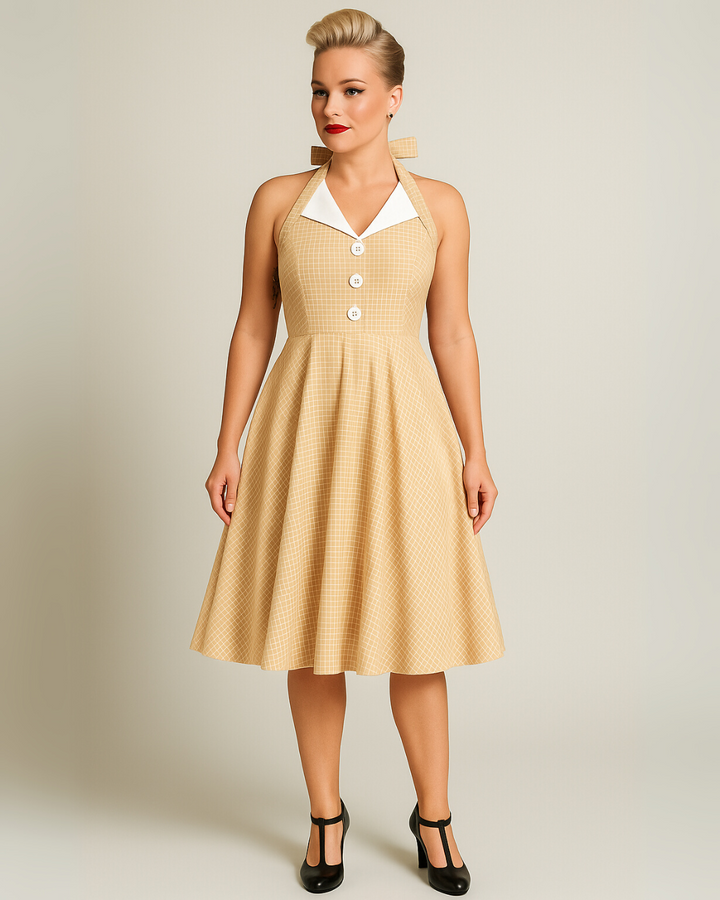 Vintage Beige Halter Swing Dress with Pockets