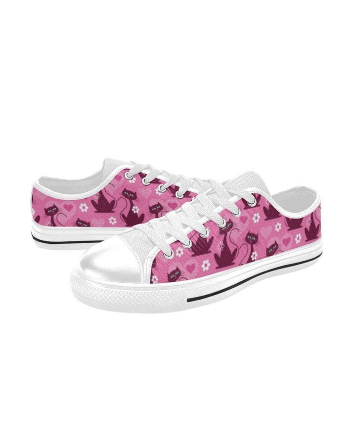 LOVECATS White Retro Style Sneakers with pink cat and heart pattern, comfortable padded canvas, and durable rubber sole.