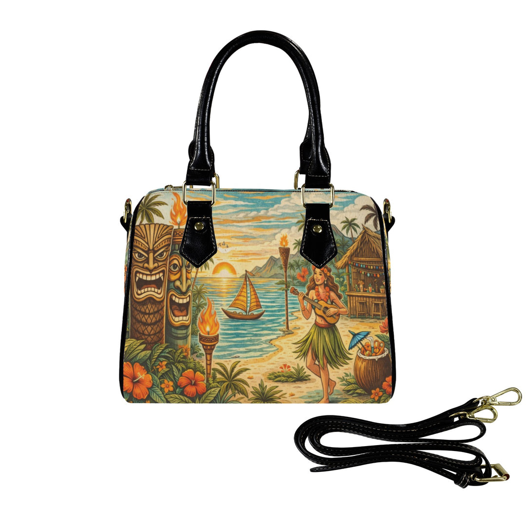 Handbag with tropical design featuring a hula dancer, tiki mask, and beach scene.