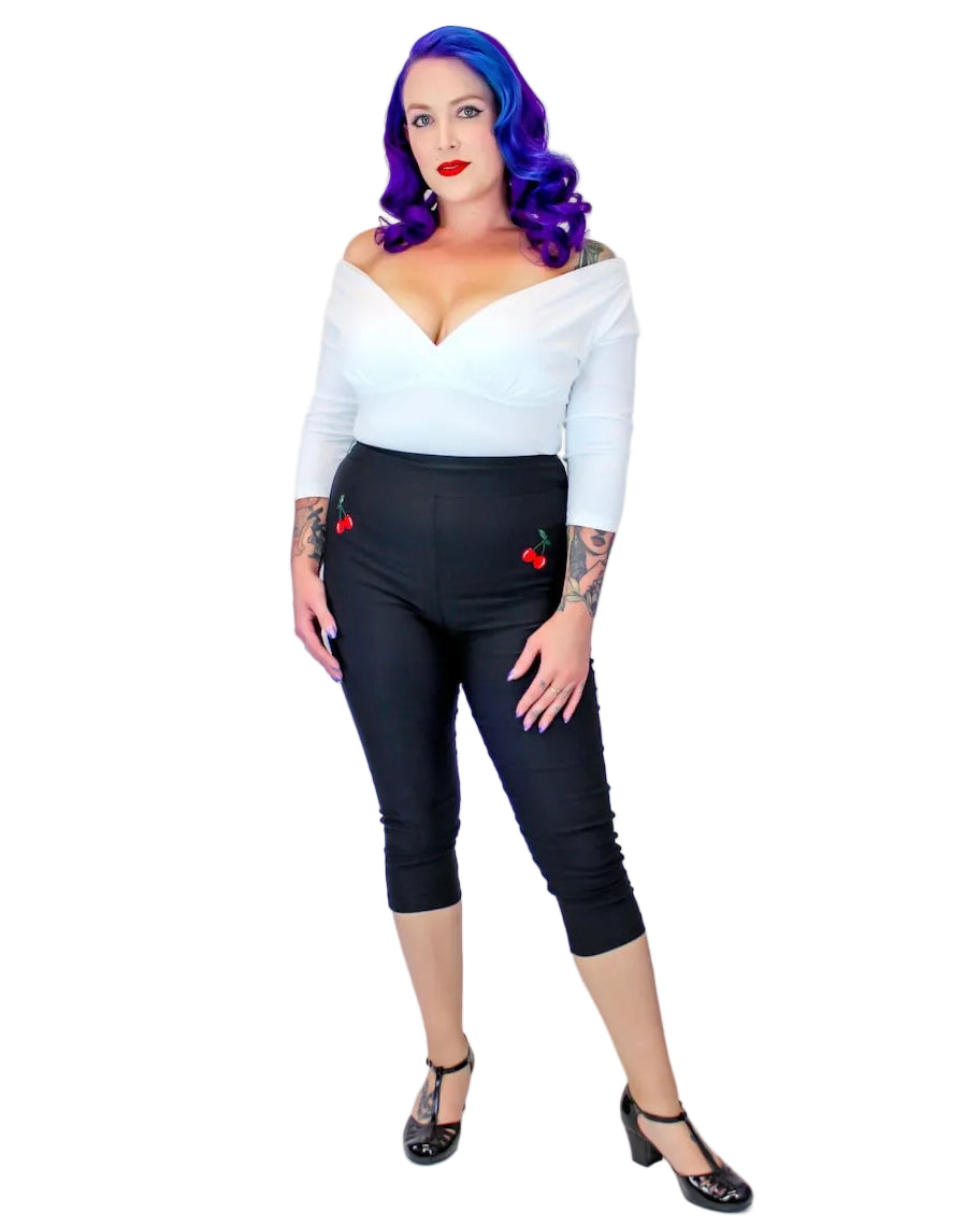 Women’s black pin-up capri pants with embroidered cherries