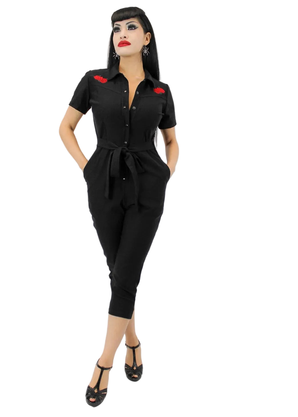 black capri jumpsuit with red rose embroidery