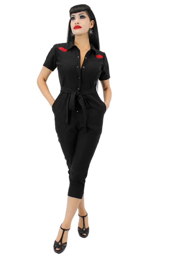 black capri jumpsuit with red rose embroidery