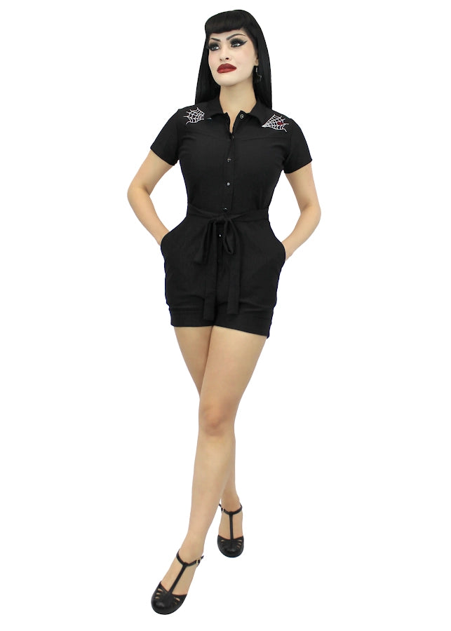 Women’s black belted playsuit with spiderweb embroidery