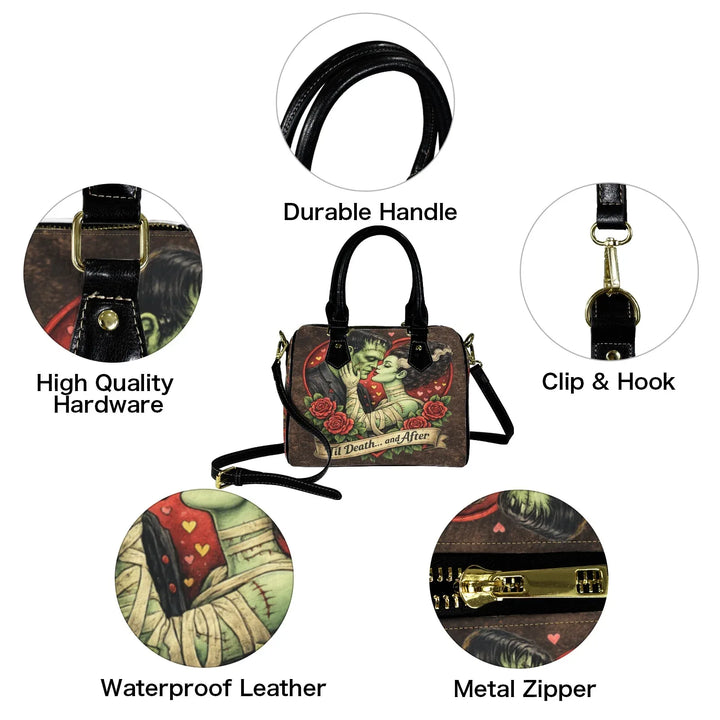 Handbag with features highlighted on a white background