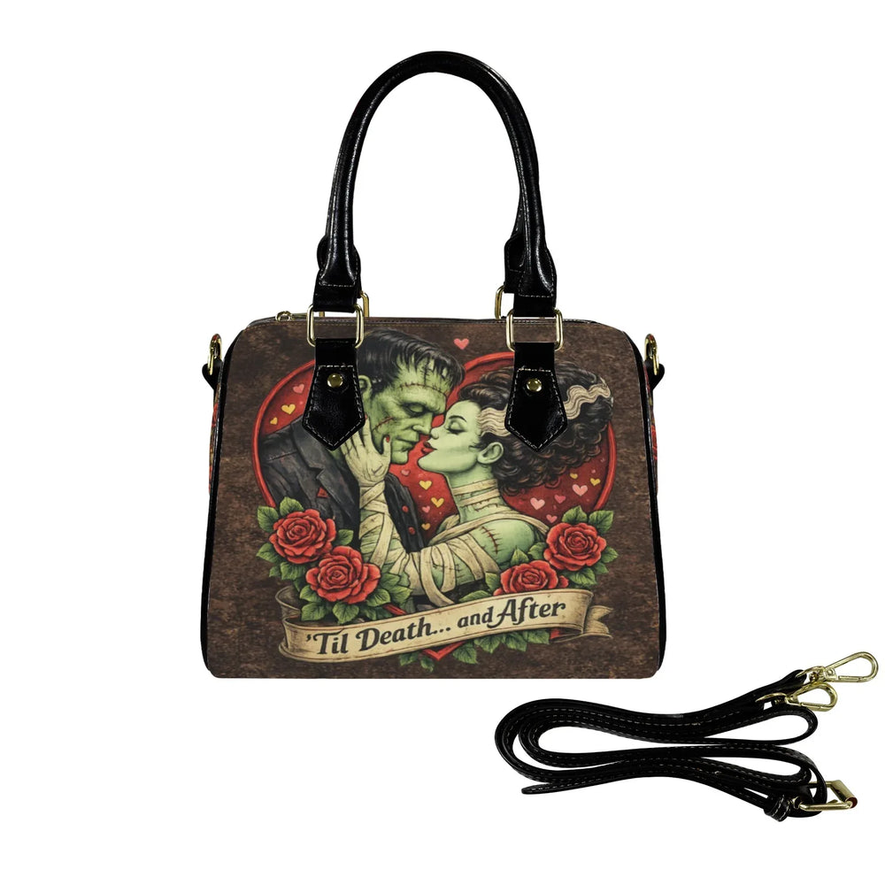 Frankenstein and Bride gothic handbag with heart and rose artwork on front panel