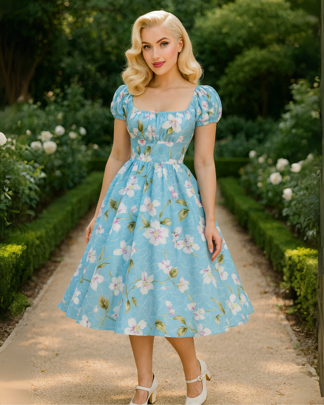 Vintage Peasant Style Blue Floral Dress