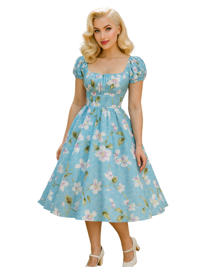 Vintage Peasant Style Blue Floral Dress